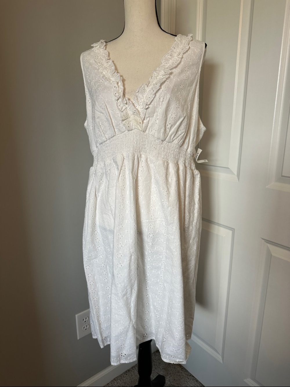 NWT White Eyelet Cotton Midi Dress XL Ruffle V-Neck Smocked Waist Cottagecore
